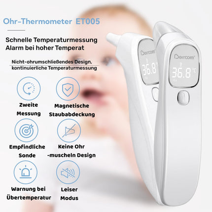 Berrcom Fever Thermometer Contactless Forehead and Ear Thermometer Digital Medical Thermometer Infrared Forehead Thermometer for Baby, Adult with Fever Alarm, Instant Reading
