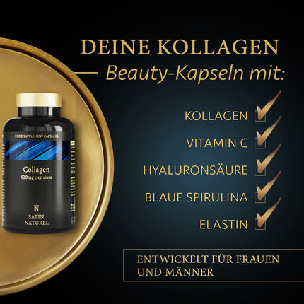 Satin Naturel Collagen Complex with Hyaluronic Acid - 180 Capsules - High-Dose Hyaluronic Acid Collagen Capsules - Enriched with Vitamin C, Elastin, and Spirulina - No Additives - Made in Germany