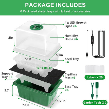YAUNGEL Indoor Greenhouse Grow Box with Plant Lamp, 6 Pieces Self-Watering Mini Greenhouse Grow Set with Timing Controller Adjustable Brightness, Thicken Raised Lid and Ventilation