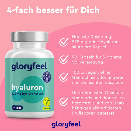 Hyaluron Capsules High Dose - 525mg Hyaluronic Acid per Capsule - 500-700 kDa - 90 Vegan Capsules - Laboratory tested, made in Germany without additives