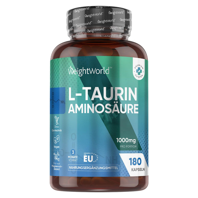 L-Taurine Capsules - 1000mg per day - 180 vegan amino acid capsules - 2 L-Taurine Amino Acid Capsules - 3-month supply - Alternative to powder or tablets - WeightWorld