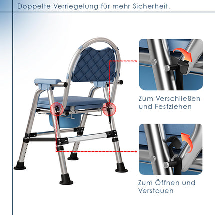 Toilet chair for seniors, portable shower wheelchair, height-adjustable, toilet chair with padded seat and toilet bucket, foldable shower chair, stable, load capacity 200 kg (CY-KJ6201)