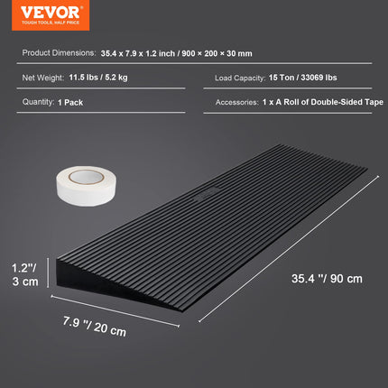 VEVOR Threshold Ramp Solid Rubber Door Threshold Ramp Max. Load Capacity up to 15T Curb Ramp 90x20x3cm Wheelchair Ramp with Double-Sided Adhesive Tape Access Ramp Rubber Ramp Self-Cutting