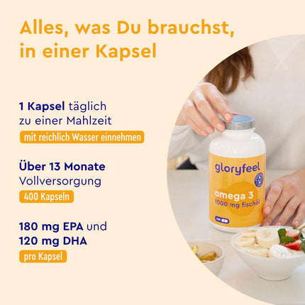 Omega 3 400 Capsules (+1 year) - 1,000 mg fish oil per capsule - Essential Omega 3 fatty acids with EPA &amp; DHA - Sustainable fishing, laboratory-tested, made in Germany without additives