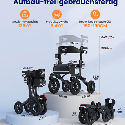 VOCIC Rollator Foldable and Lightweight with Seat, Outdoor Rollator with Rubber Non-Pneumatic Tires for All Terrain, Aluminum Height-Adjustable Rollators for Outdoors &amp; Cross-Country Skiing &amp; Travel, Black (5-Year Warranty)