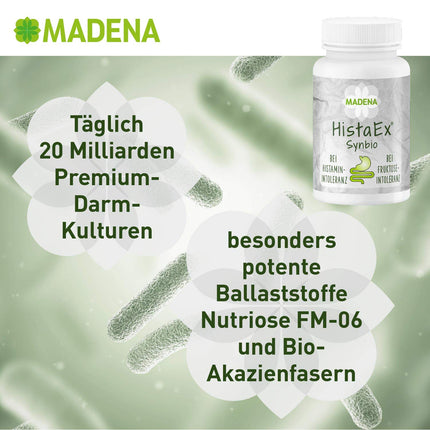 MADENA HistaEx Synbio – Lactic acid bacteria and bifidobacti for histamine intolerance and fructose intolerance – 60 capsules + 2 soluble fibers, daily dose of 20 billion bacteria