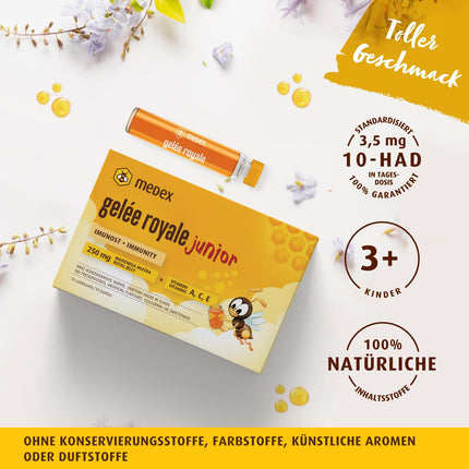 Medex Royal Jelly JUNIOR, fresh royal jelly 250 mg, with natural vitamins A, C, and E, excellent taste, no sweeteners, for children 3+, liquid in ampoules 10 x 9 ml