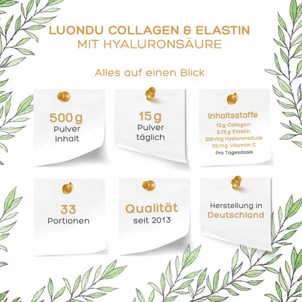 Luondu® Collagen Powder with Elastin, Hyaluronic Acid &amp; Vitamin C - Bioactive Collagen Hydrolysate Peptides Types I, II &amp; III - Optimal Solubility &amp; Bioavailability - Neutral - 500g
