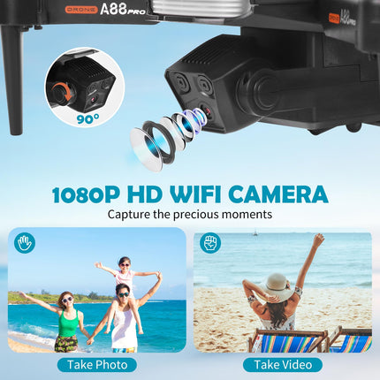 Drone with 1080P HD Camera for Kids, RC Drone with 2 Batteries, Foldable Quadcopter with FPV WiFi Transmission, Gravity Sensor, 3D Flip Mode, One-Button Takeoff/Landing, Altitude Hold Mode (Black)