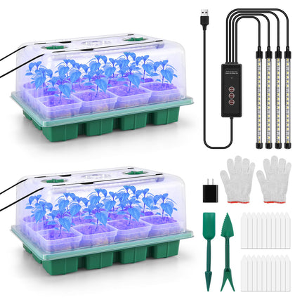 BlumWay Indoor Greenhouse Propagator with Plant Lamp, 2 Pack 24 Cell Seedling Trays with Humidity Dome, Reusable Propagation Plate, Mini Greenhouse Small Grow Kit