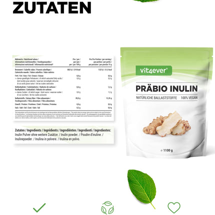 Prebio Inulin Powder - 1100 g (1.1 kg) - High in fiber - Prebiotic - Residue-controlled - Origin: Europe - Naturally derived from chicory root - 100% Vegan