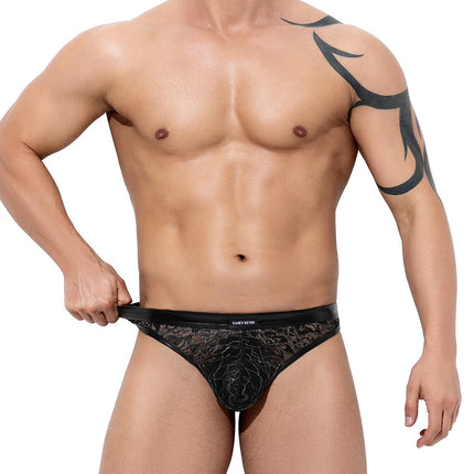 Casey Kevin String Tanga Men's Lace Thong Men Mesh Transparent PU Leather Underwear Wetlook G-String T-Back Bikini