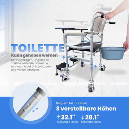 Commode Chair for Seniors with Shower Seat, Wheelchair and Removable Food Tray - Shower Chair for Seniors - Raised Toilet Seat for Adults - Commode Chairs - Commode Chair with Wheels up to 170KG