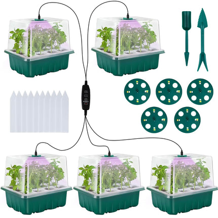 FORMIZON Greenhouse Propagation Tray, 5 Pack Mini Greenhouse Propagation with Higher Lids, 2 Tools, 10 Labels, Indoor Greenhouse Propagation Box with Timing Controller Adjustable Brightness
