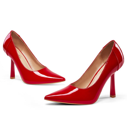 GENSHUO Unique conical stiletto heels – 10 cm high, pointed toe for an elegant and confident style, red patent leather, 39 EU