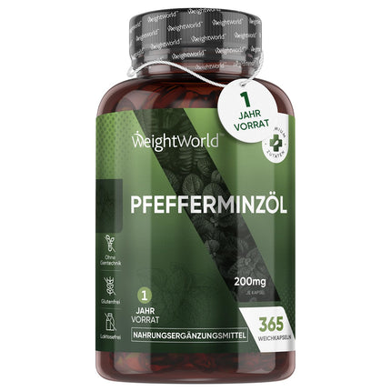 Peppermint Oil Softgels - 200mg Peppermint Oil per Softgel - 365 Pure Peppermint Oil Softgels - 1 Year Supply - Food Supplement - Peppermint for Wellbeing - WeightWorld
