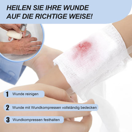 Compresses Sterile 10x10cm 50 pieces Wound compresses STERILE 8 layers Wound dressing Dressing material Gauze compresses Wound gauze Compress for wound care Blood absorption + E-Book (about health)