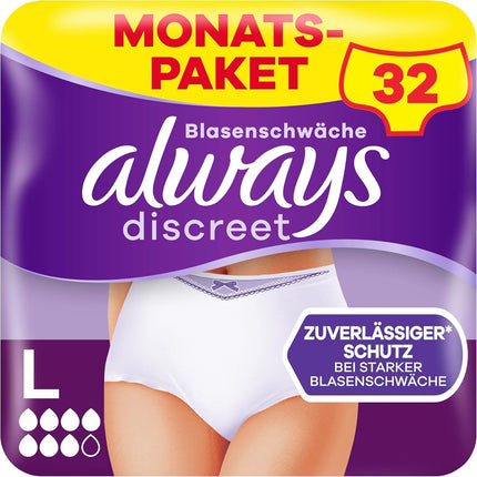 Always Discreet Incontinence Panties Plus for Women, L, 32 Panties, Prevents Leakage and Odors, Comfortable and Barely Noticeable