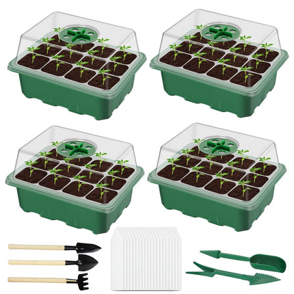 TaimeiMao Indoor Greenhouse Propagator, 4 Pack 12 Cell Mini Greenhouse, Indoor Greenhouse, Growing Pots, Greenhouse Growing Tray with Adjustable Lid and Ventilation Green