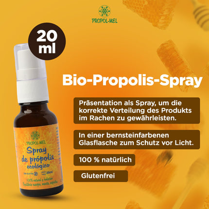 Organic Propolis Spray - 20 ml. Contributes to the well-being of the mouth and throat. Contains propolis, honey, rosemary, eucalyptus, and lemon.
