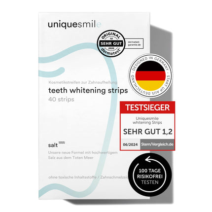 Uniquesmile Teeth Whitening Strips - Test winner 2024 - 100 days risk-free trial - peroxide-free - innovative formula with natural ingredients (value pack of 40 strips)