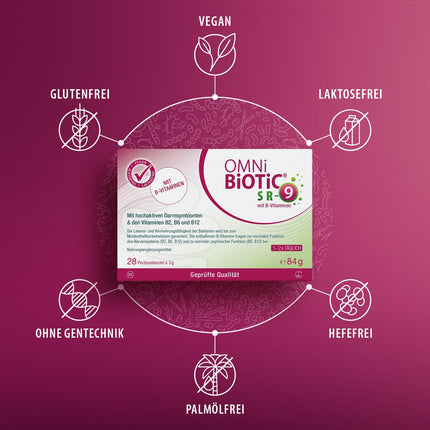 OMNi BiOTiC SR-9 with B vitamins | 28 servings (84g) | 9 bacterial strains | 15 billion bacteria per daily dose | Powder | Vegan | Gluten-free | Lactose-free | For daily use