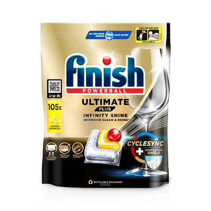 Finish Ultimate Plus Infinity Shine Citrus Dishwasher Tablets – Dishwasher tablets for intensive cleaning, grease-cutting power and shine with protective shield – 105 Caps, Tablet, Lemon