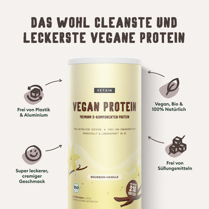 VETAIN Vegan Protein Powder Vanilla - 21g Protein per Serving - Organic Vegan Protein Powder made from Pea, Rice, Flaxseed, Pumpkin Seed, and Hemp Seed Protein - No Allergens &amp; No Added Sugar - 600g