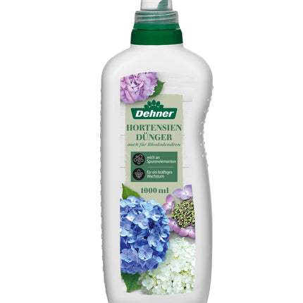 Dehner Hydrangea and Rhododendron Fertilizer, high-quality liquid fertilizer, fertilizer for deciduous trees, organic NPK fertilizer, with trace nutrients, 1 l, for approx. 150 l, colored