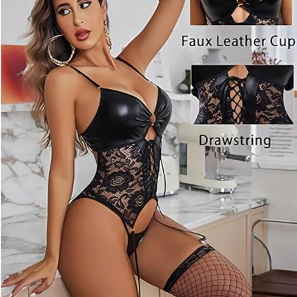 Avidlove Women's Body Lingerie Set Latex Sexy Bodysuit Leather Underwear Outfit Adjustable Lace Suspenders Garter Belt Sexy Lingerie Bra and Panties Lingerie (Stockings Not Included) Black M