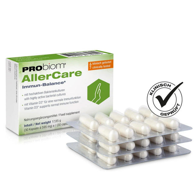 PRObiom® AllerCare [PROBIOTICS FOR ALLERGY PROPHYLAXIS] – Clinically tested bacterial cultures &amp; vitamin D3 – Support for a strong immune system – for children &amp; adults – 30 capsules (1 month)