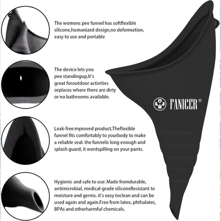 Urinella for Women, Peeing Aid for Women with 1 Urine Funnel, Portable Reusable Urinal for Women. Ideal for outdoor activities, camping toilets, festivals, and on the go. (Black)