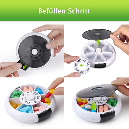 Opret German Pill Box 7 Days Small, Pill Box Small Medicine Box Tablets Weekly Box Pill Box Tablet Box for On the Go Round Small Black