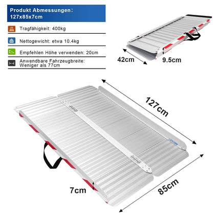 LIEKUMM wheelchair ramp 127 cm, 85 cm widened wheelchair ramp for stairs, 400 kg load capacity aluminum ramp for wheelchairs, steps, curbs, threshold ramp for electric wheelchairs, strollers