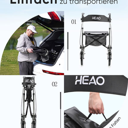 HEAO Rollator Walking Aid for Seniors with Seat, Rollator with Cup Holder and Padded Backrest, Foldable Design, Lightweight Only 7.8 kg, 10" Wheels for Maximum Mobility, Gray