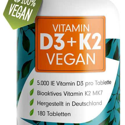 Vitamin D3 K2 VEGAN - 180 tablets with 5000 IU D3 + 200 mcg K2 (MK7) - High-dose and vegan vitamin D3 + vitamin K2 in bioactive MK7 form - laboratory-tested with certificate - Storage pack: 180 tablets