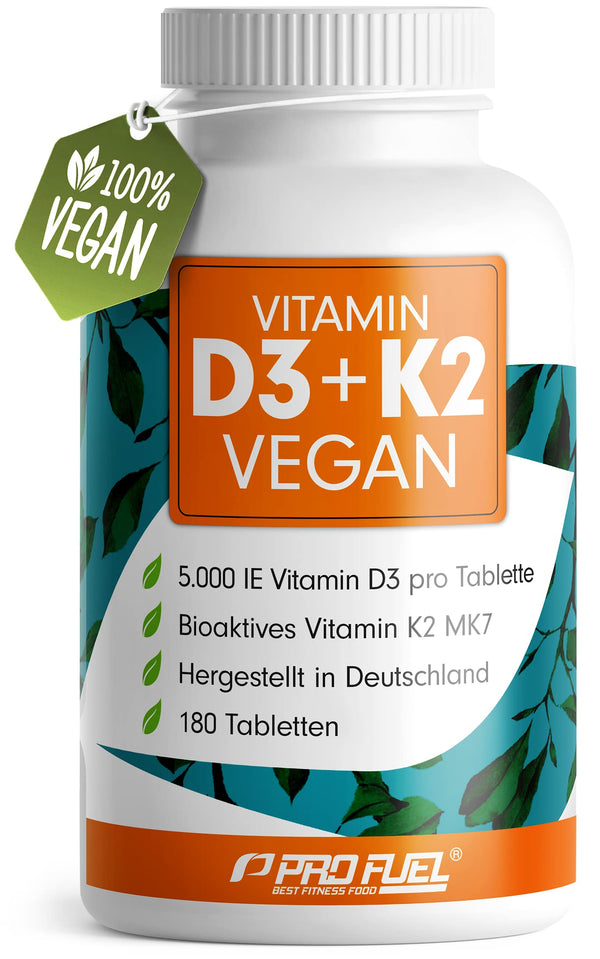 Vitamin D3 K2 VEGAN - 180 tablets with 5000 IU D3 + 200 mcg K2 (MK7) - High-dose and vegan vitamin D3 + vitamin K2 in bioactive MK7 form - laboratory-tested with certificate - Storage pack: 180 tablets