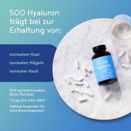 Hyaluronic acid with zinc | High-dose hyaluronic acid | Vegan - 90 capsules for 3 months | 500–700 kDa high bioavailability for the skin | Alpha Foods