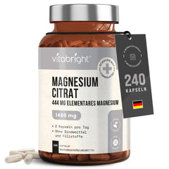 Magnesium Citrate Capsules 240, 1480mg Magnesium Complex Powder High Dose (444mg Elemental Mg) Vegan, No Additives, Magnesium Citrate Powder Laboratory/Sports, Mg Citrate VitaBright