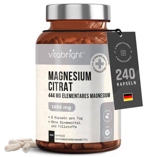 Magnesium Citrate Capsules 240, 1480mg Magnesium Complex Powder High Dose (444mg Elemental Mg) Vegan, No Additives, Magnesium Citrate Powder Laboratory/Sports, Mg Citrate VitaBright