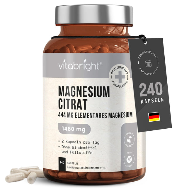 Magnesium Citrate Capsules 240, 1480mg Magnesium Complex Powder High Dose (444mg Elemental Mg) Vegan, No Additives, Magnesium Citrate Powder Laboratory/Sports, Mg Citrate VitaBright
