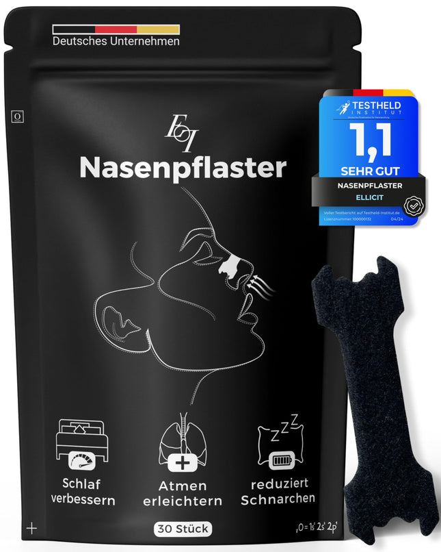 Ellicit® Nasal Strips Black, 30-Pack Premium Nasal Strips, Against Snoring, Extra Support for Sports &amp; Better Sleep Quality, Better Breathing with a Blocked Nose, Nasal Strips (Comfort)