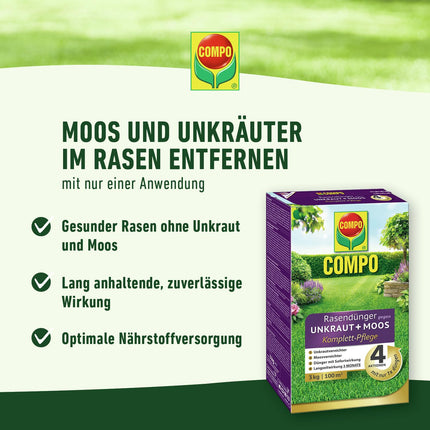 COMPO lawn fertilizer against weeds and moss - 9 kg for 300m² - 3 months long-term effect - COMPO lawn fertilizer against weeds + moss complete care