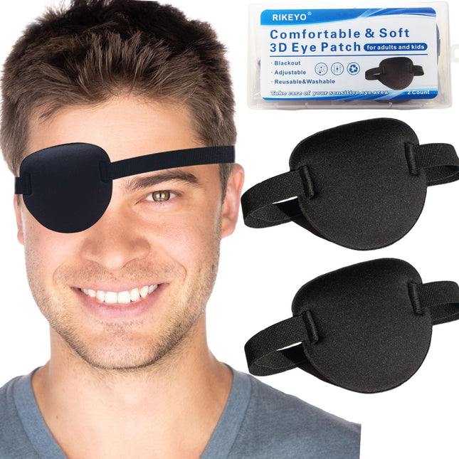 RIKEYO 2-Pack Black Medical Eye Patches for Adults and Children, 3D Adjustable Eye Patch for Right or Left Eye, Pirate Costume Eye Patch