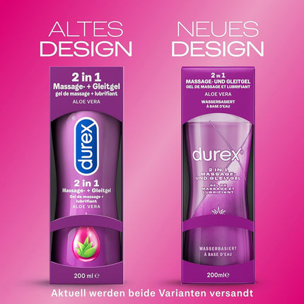 Durex 2-in-1 Massage Gel – Water-based lubricant for sensual love massages – 2 x 200 ml in a dispenser (Aloe Vera and Guarana)