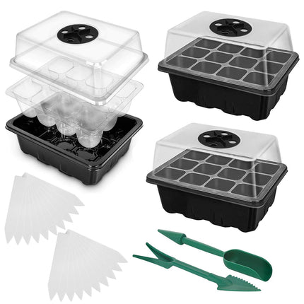 Indoor greenhouse cultivation box, 3 pieces 36 cells, mini greenhouse cultivation set, cultivation tray with cover, greenhouse plastic cultivation trays, with 2 small garden tools + 20 plant labels