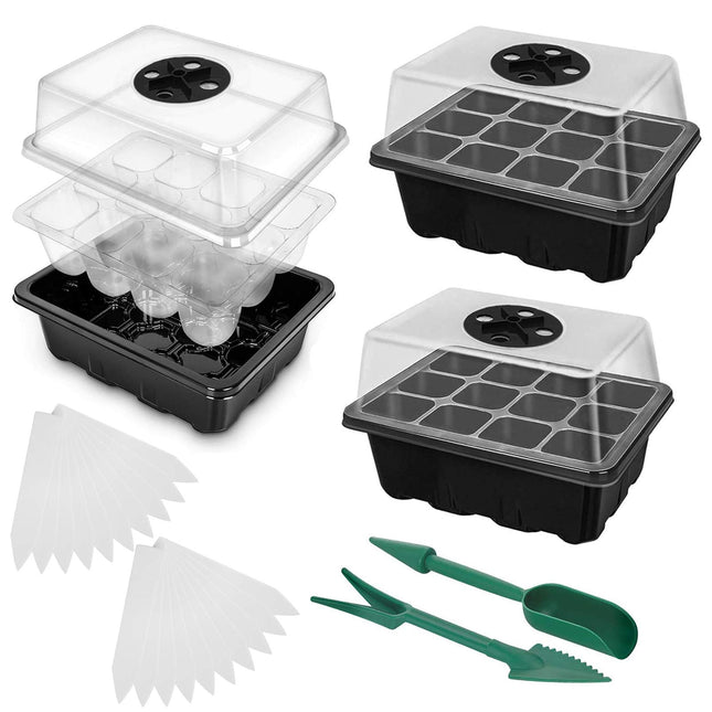 Indoor greenhouse cultivation box, 3 pieces 36 cells, mini greenhouse cultivation set, cultivation tray with cover, greenhouse plastic cultivation trays, with 2 small garden tools + 20 plant labels