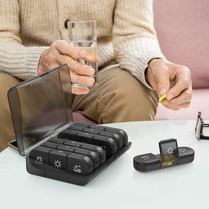 AUVON Weekly Pill Box 7 Days 3 Compartments, Portable Pill Box with Large Separate Compartments for Medications, Vitamins, Fish Oil, Supplements, etc. (Black)