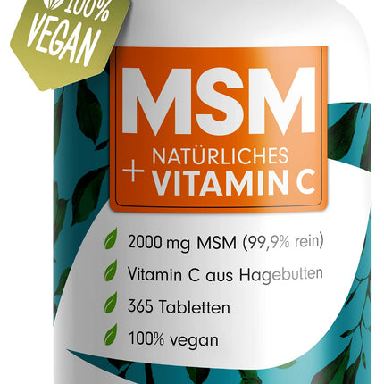 MSM 2000mg per day + natural vitamin C - 365 MSM tablets with methylsulfonylmethane - more compact MSM powder than MSM capsules - high dosage with 1000 mg per MSM tablet - laboratory-tested with certificate