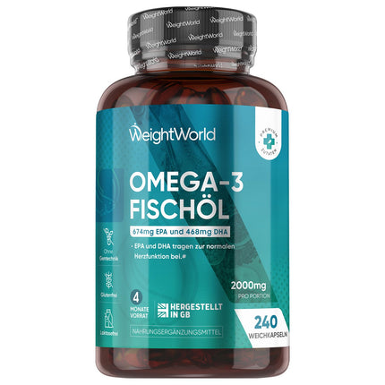 Omega 3 Softgels - 2000mg Fish Oil with 1100mg Omega-3, 660mg EPA &amp; 440mg DHA per serving - 240 Softgels - EPA &amp; DHA contribute to normal heart function (EFSA) - fish oil - WeightWorld